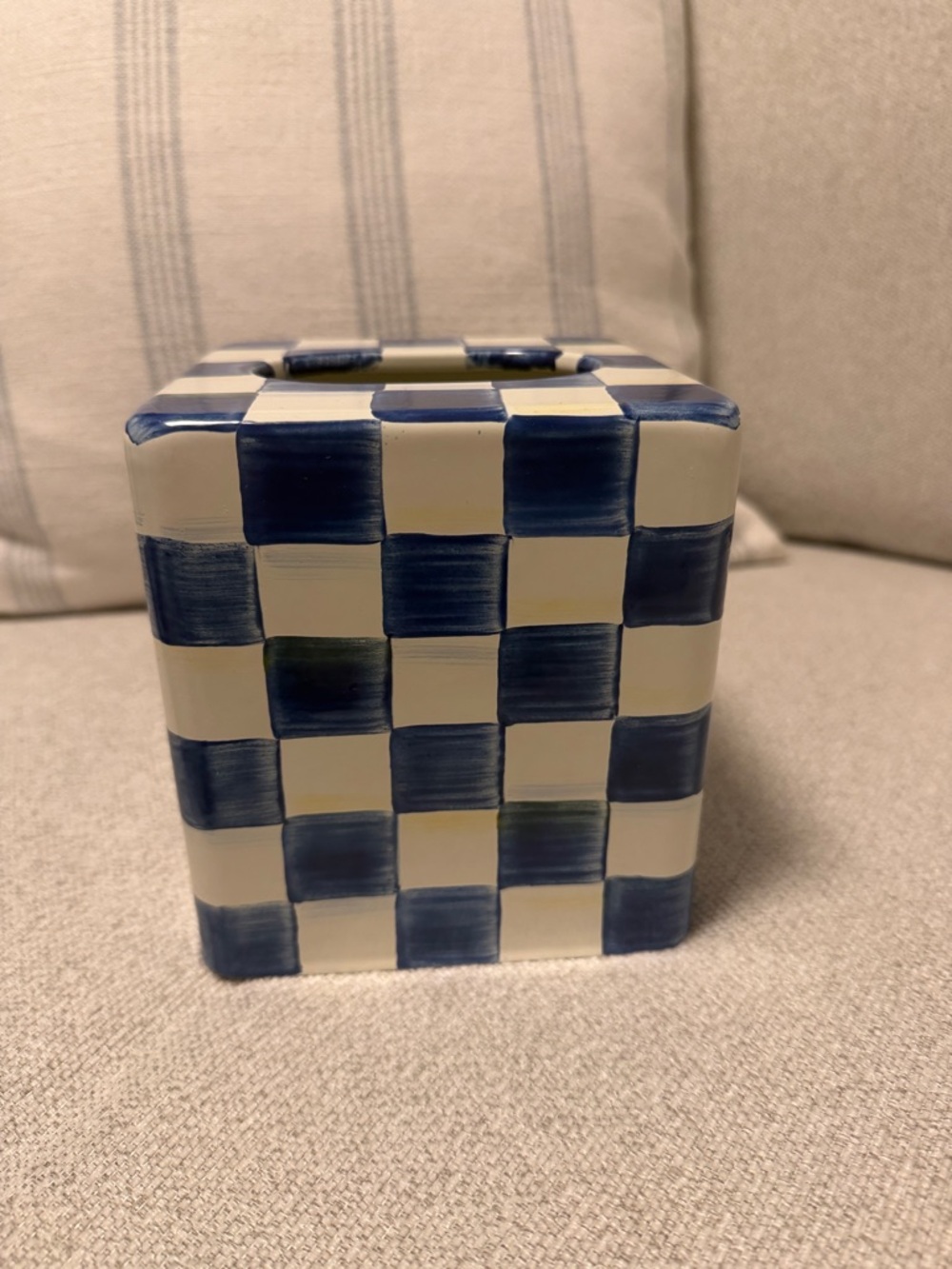 MacKenzie-Childs Cream Ceramic Royal Check Tissue Box Cover